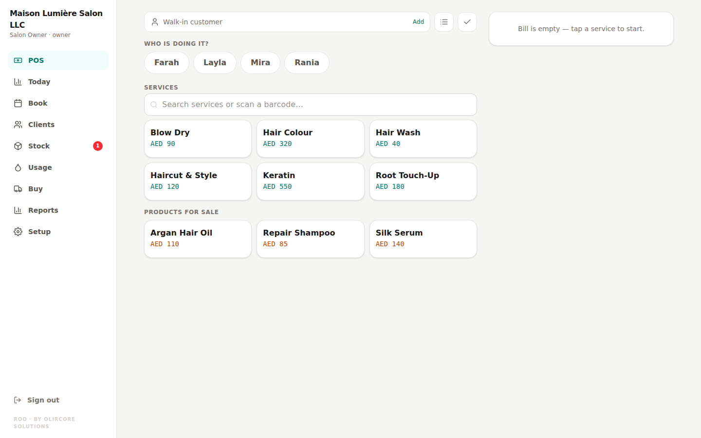 Checkout: ringing up a service for a walk-in customer